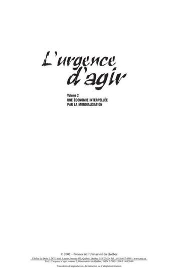 Couverture du livre « L'urgence d'agir t.2 ; une économie interpellée par la mondialisation » de Observatoire Du Quebec aux éditions Presses De L'universite Du Quebec