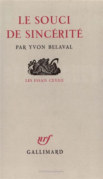 Couverture du livre « Le souci de sincerite » de Yvon Belaval aux éditions Gallimard