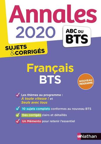 Couverture du livre « ANNALES ABC BTS ; SUJETS & CORRIGES ; français ; BTS (édition 2020) » de  aux éditions Nathan