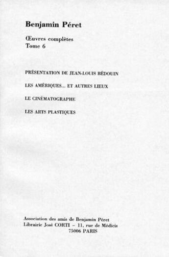 Couverture du livre « Oeuvres complètes t.6 » de Peret/Bedouin aux éditions Corti