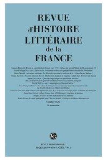 Couverture du livre « Revue d'histoire litteraire de la france 1 - 2019, 119e annee - n 1 - varia » de  aux éditions Classiques Garnier