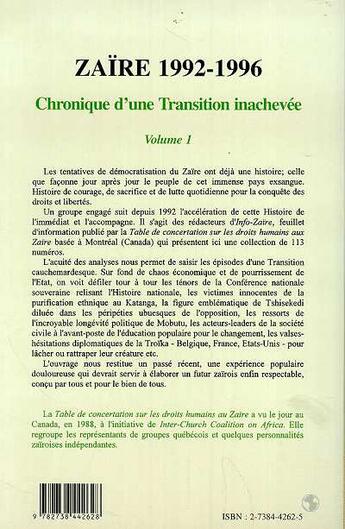 Couverture du livre « Zaïre 1992-1996 t.1 ; chronique d'une transition inachevée » de  aux éditions L'harmattan