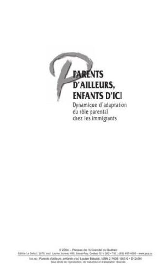 Couverture du livre « Parents d'ailleurs, enfants d'ici ; dynamique d'adaptation du rôle parental chez les immigrants » de Louise Berube aux éditions Pu De Quebec