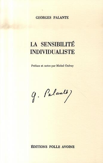 Couverture du livre « La sensibilité individualiste » de Georges Palante aux éditions Folle Avoine