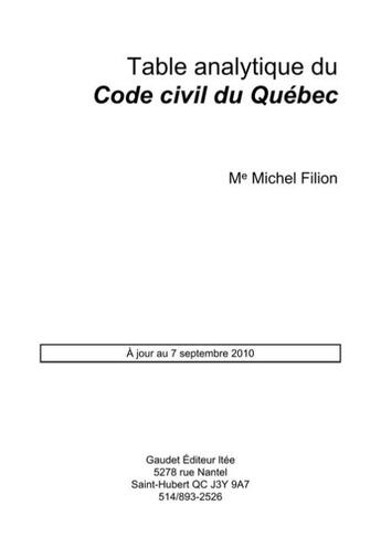 Couverture du livre « Table analytique du code civil du Québec » de Michel Filion aux éditions Gaudet