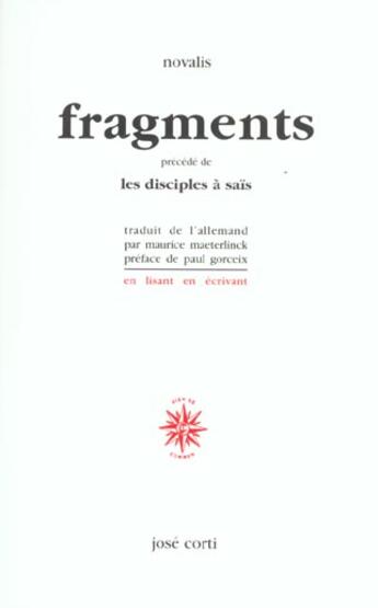 Couverture du livre « Fragments » de Novalis aux éditions Corti