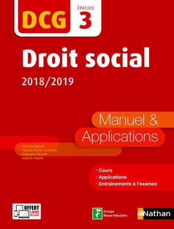 Couverture du livre « DCG ; droit social ; épreuve 3 ; manuel & applications (édition 2018/2019) » de  aux éditions Nathan