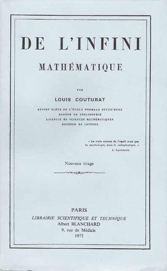 Couverture du livre « De l'infini » de Louis Couturat aux éditions Blanchard