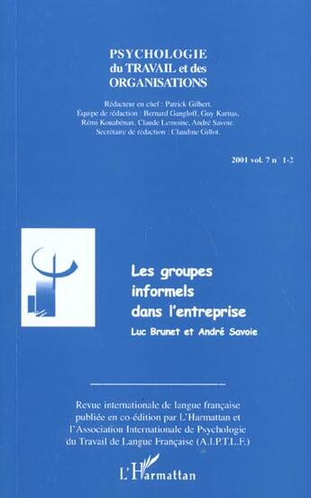 Couverture du livre « Les groupes informels dans l'entreprise (vol. 7, n 1-2) - vol07 » de  aux éditions L'harmattan