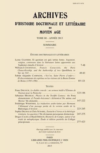 Couverture du livre « Archives D'Histoire Litteraire Et Doctrinale Du Moyen Age T Lxxx (2013) » de  aux éditions Vrin