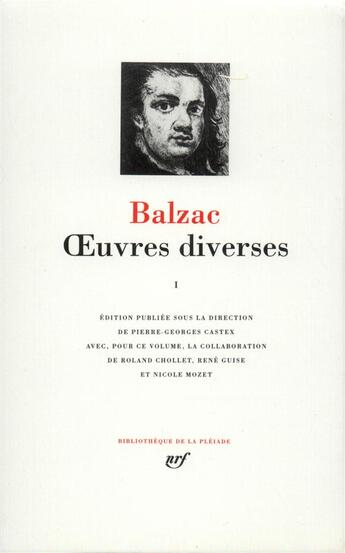 Couverture du livre « Oeuvres diverses Tome 1 » de Honoré De Balzac aux éditions Gallimard