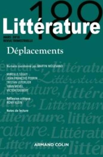 Couverture du livre « Litterature n 189 (1/2018) deplacements » de  aux éditions Armand Colin