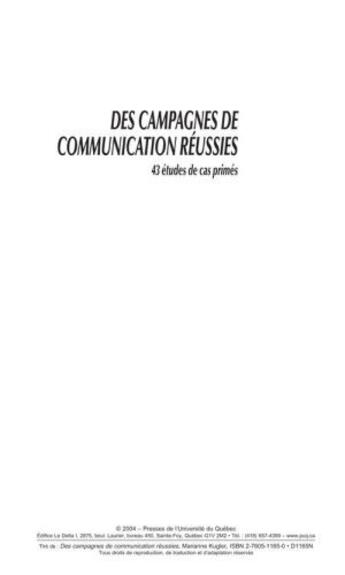 Couverture du livre « Des campagnes de communication réussies ; 43 études de cas primés » de Marianne Kugler aux éditions Pu De Quebec
