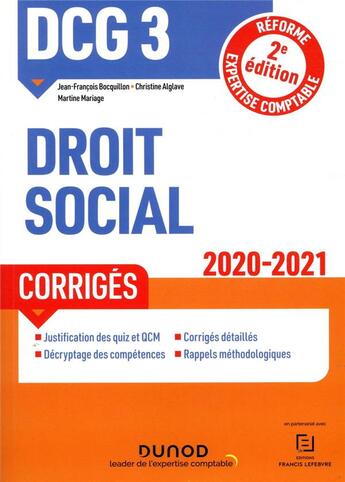 Couverture du livre « Dcg 3 - droit social - dcg 3 droit social - corriges - 2020-2021 (édition 2020/2021) » de Bocquillon/Alglave aux éditions Dunod