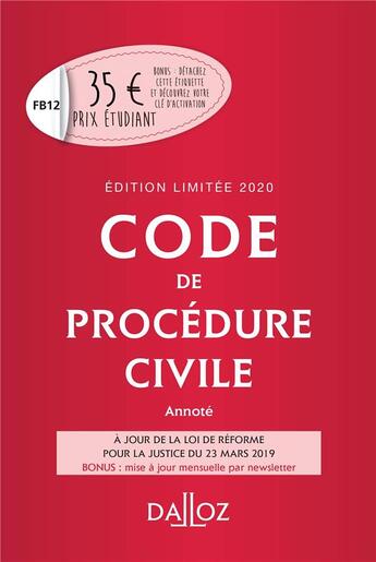 Couverture du livre « Code de procédure civile (édition 2020) » de Pierre Calle et Laurent Dargent aux éditions Dalloz