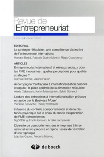 Couverture du livre « Revue de l'entrepreunariat T.2012/3 » de Revue De L'Entrepreunariat aux éditions De Boeck Superieur