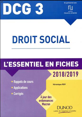 Couverture du livre « DCG 3 - droit social ; l'essentiel en fiches (édition 2018/2019) » de Veronique Roy aux éditions Dunod