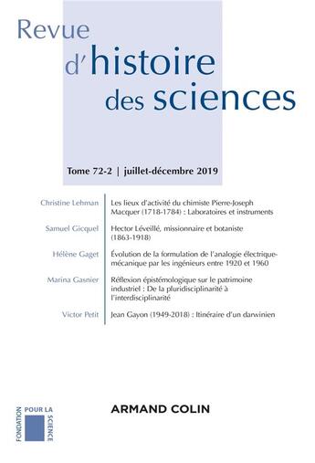 Couverture du livre « Revue d'histoire des sciences 2/2019 varia » de  aux éditions Armand Colin