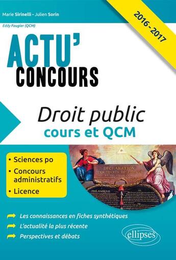 Couverture du livre « Droit public - cours et qcm - 2016-2017 » de Sirinelli/Sorin aux éditions Ellipses