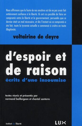 Couverture du livre « D'espoir et de raison ; écrits d'une insoumise » de Cleyre (De) V. aux éditions Lux Canada