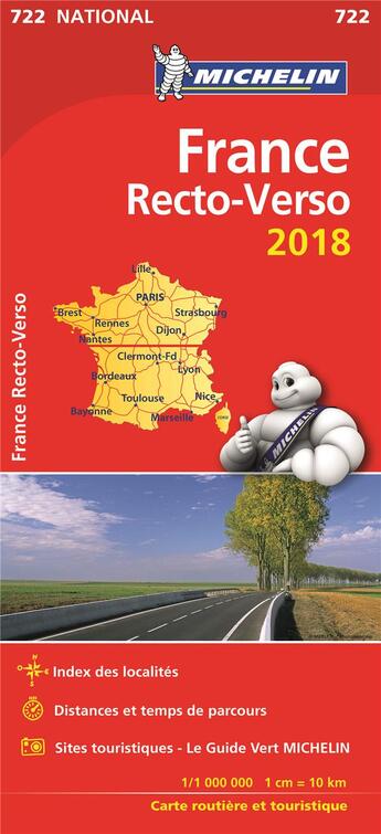 Couverture du livre « Carte nationale 722 france recto-verso 2018 » de Collectif Michelin aux éditions Michelin