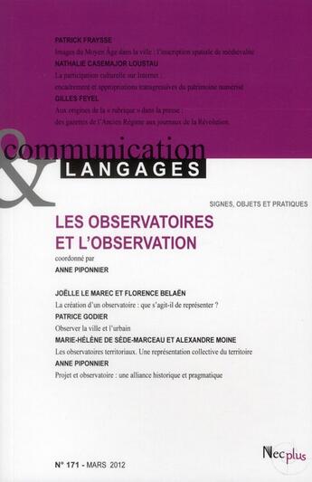 Couverture du livre « Communication et langage t.171, les observatoires et l'observation » de  aux éditions Necplus