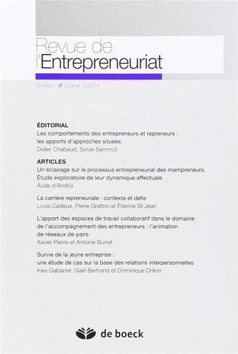 Couverture du livre « Revue de l'entrepreunariat T.2014/1 » de Revue De L'Entrepreunariat aux éditions De Boeck Superieur