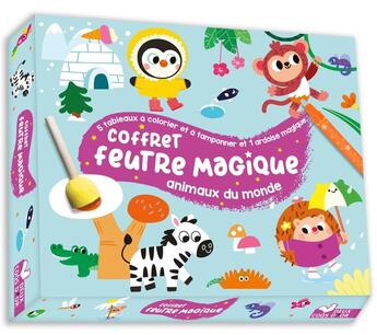 Couverture du livre « Coffret feutre magique : 5 tableaux à colorier et tamponner et 1 ardoise magique ; animaux du monde » de Marine Fleury aux éditions Deux Coqs D'or