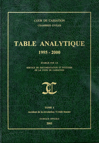 Couverture du livre « Table analytique (1995-2000) t.1 ; accident de la circulation, credit foncier ; cour de cassation, chambres civiles » de  aux éditions Documentation Francaise