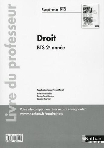 Couverture du livre « Droit ; BTS 2ème année ; livre du professeur (édition 2015) » de  aux éditions Nathan