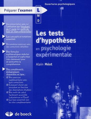 Couverture du livre « Tests d'hypothèses en psycho expérimentation » de Alain Meot aux éditions De Boeck Superieur