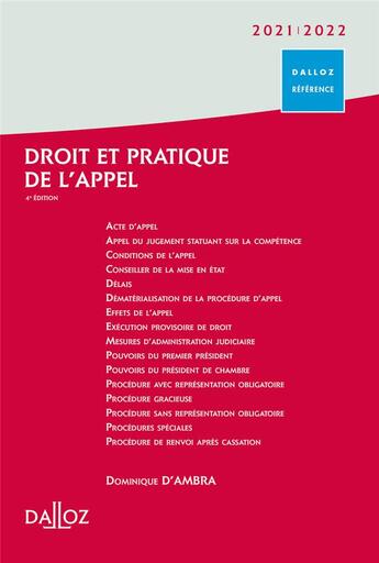 Couverture du livre « Droit et pratique de l'appel (édition 2021/2022) » de Dominique D' Ambra aux éditions Dalloz