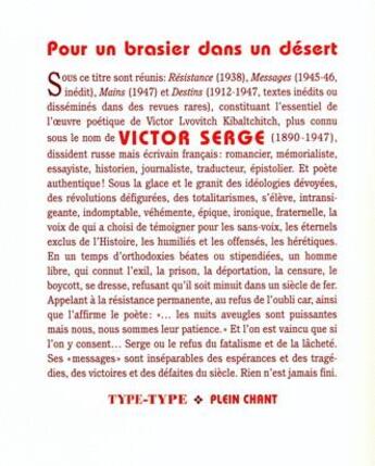 Couverture du livre « Pour un brasier dans le désert » de Victor Serge aux éditions Plein Chant