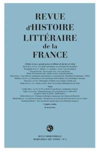 Couverture du livre « Revue d'histoire litteraire de la france - t13 - revue d'histoire litteraire de la france - 1 - 2020 » de Alain Genetiot aux éditions Classiques Garnier