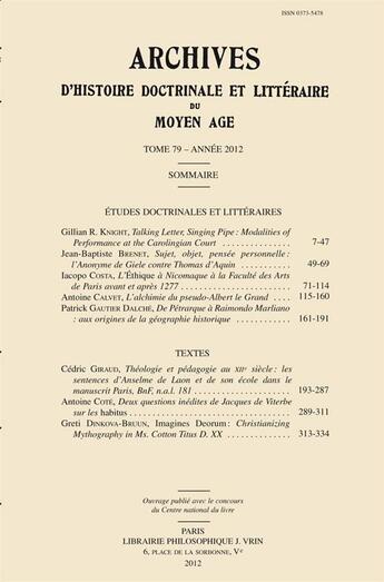 Couverture du livre « Archives d'histoire doctrinale et littéraire du Moyen Age t.79 » de  aux éditions Vrin