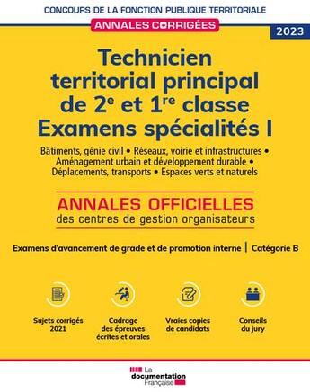 Couverture du livre « Technicien territorial principal de 2e et 1re classes 2023 spécialités I : catégorie B » de  aux éditions Documentation Francaise