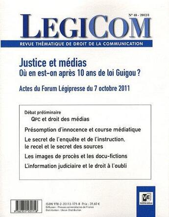 Couverture du livre « REVUE LEGICOM N.48 ; justice et média - où en est-on après 10 ans de loi Guigou? » de  aux éditions Victoires