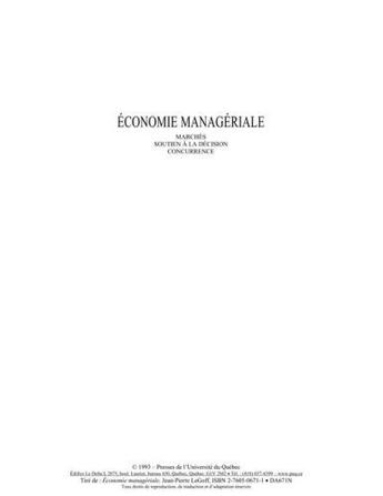 Couverture du livre « Économie managériale ; marchés, soutien à la décision, concurrence » de Jean-Pierre Le Goff aux éditions Pu De Quebec