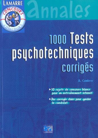 Couverture du livre « 1000 tests psychotechniques corriges nouvelle edition » de Combres aux éditions Lamarre