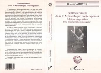 Couverture du livre « Femmes rurales dans le Mozambique contemporain ; politique et quotidien, une emancipation manquée ? » de Bonni Carryer aux éditions L'harmattan