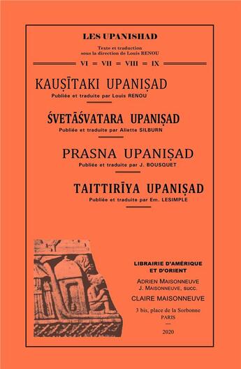 Couverture du livre « Kausitaki upanisad, svetasvatara upanisad, prasna upanisad, taittiriya upanisad » de Renou/Silburn aux éditions Jean Maisonneuve