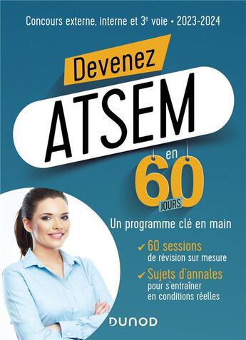 Couverture du livre « Devenez ATSEM en 60 jours (édition 2023/2024) » de Marie-Helene Abrond-Bonneau et Nathalie Assouly-Brun aux éditions Dunod