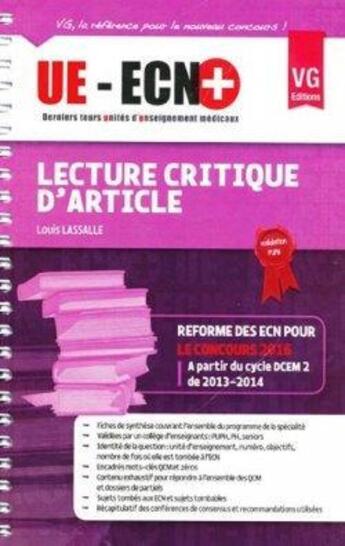Couverture du livre « Lecture critique d'article ; réforme des ecn pour le concours 2016 » de Louis Lassalle aux éditions Vernazobres Grego