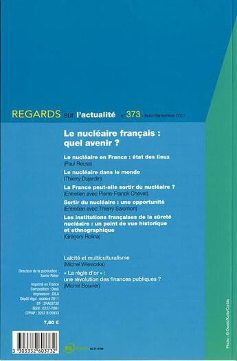 Couverture du livre « REGARDS SUR L'ACTUALITE N.373 ; le nucléaire français ; quel avenir? » de Regards Sur L'Actualite aux éditions Documentation Francaise