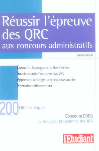 Couverture du livre « Reussir l'epreuve des qrc aux concours administratifs » de Pierre Gevart aux éditions L'etudiant