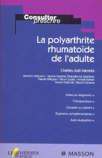 Couverture du livre « La polyarthrite rhumatoide de l'adulte » de Menkes Charles-Joel aux éditions Elsevier-masson