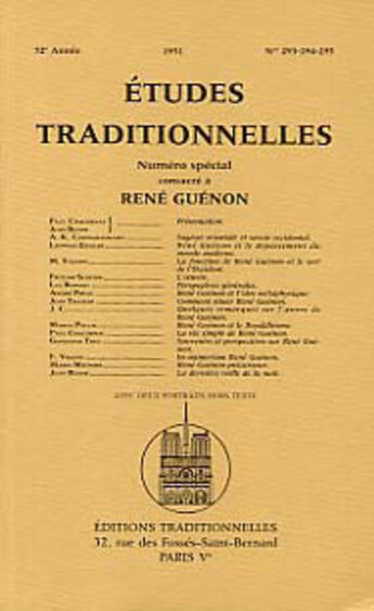 Couverture du livre « Etudes traditionnelles - numero special consacre a rene guenon » de  aux éditions Traditionnelles