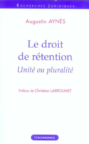 Couverture du livre « DROIT DE RETENTION (LE) » de Aynes/Augustin aux éditions Economica