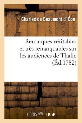 Couverture du livre « Remarques veritables et tres remarquables sur les audiences de thalie ou sur moliere - a la nouvelle » de Eon De Beaumont C. aux éditions Hachette Bnf