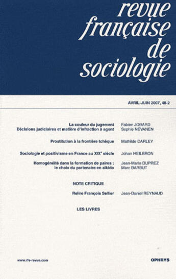 Couverture du livre « Revue française de sociologie T.48.2 ; avril-juin 2007 » de  aux éditions Ophrys